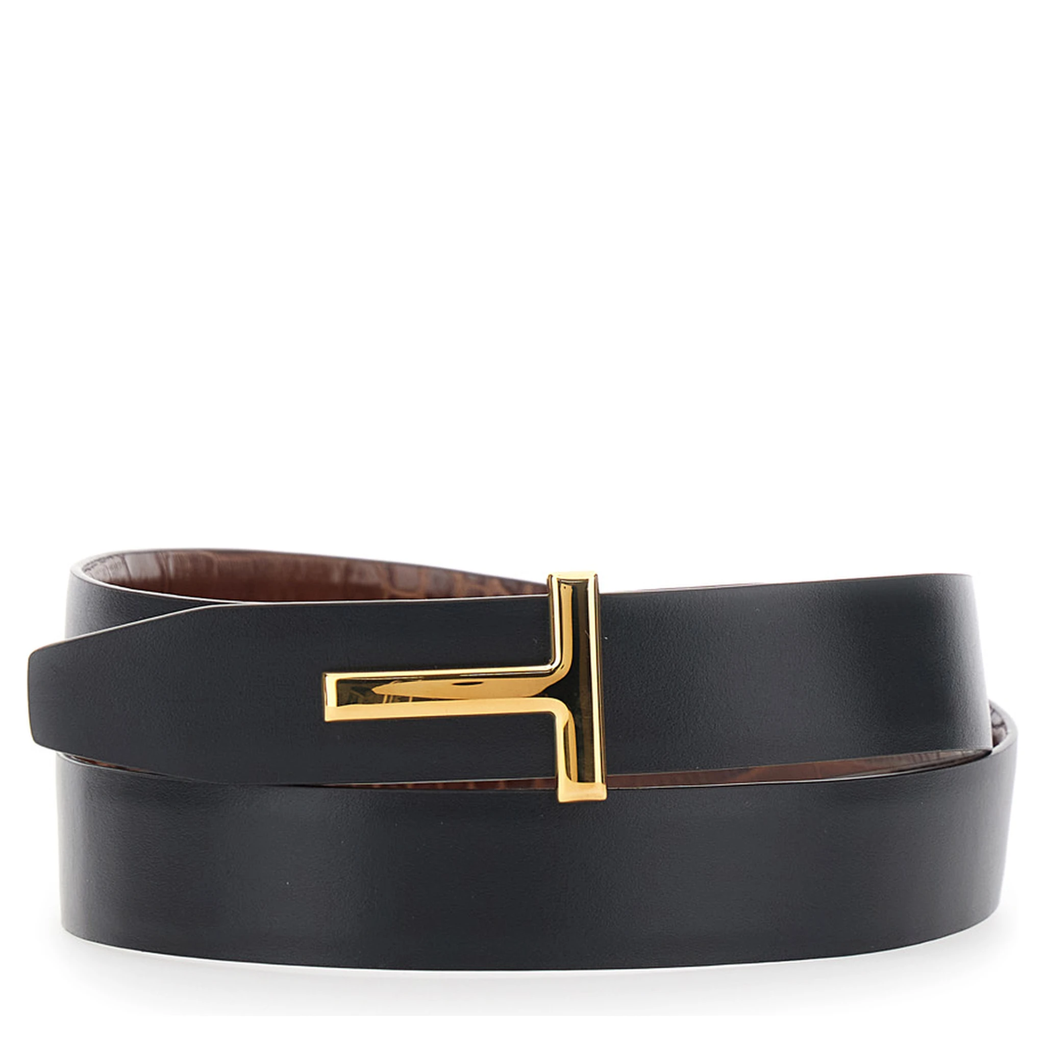 Brown Reversible Belt with T Buckle Closure and Embossed Crocodile Effect in Leather Man
