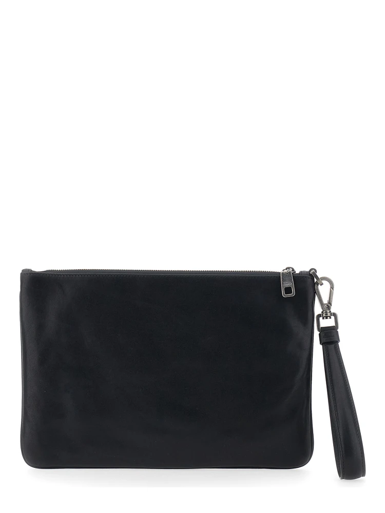 Black Clutch with Wrist Strap and Logo Plaque on the Front in Leather Man alternative