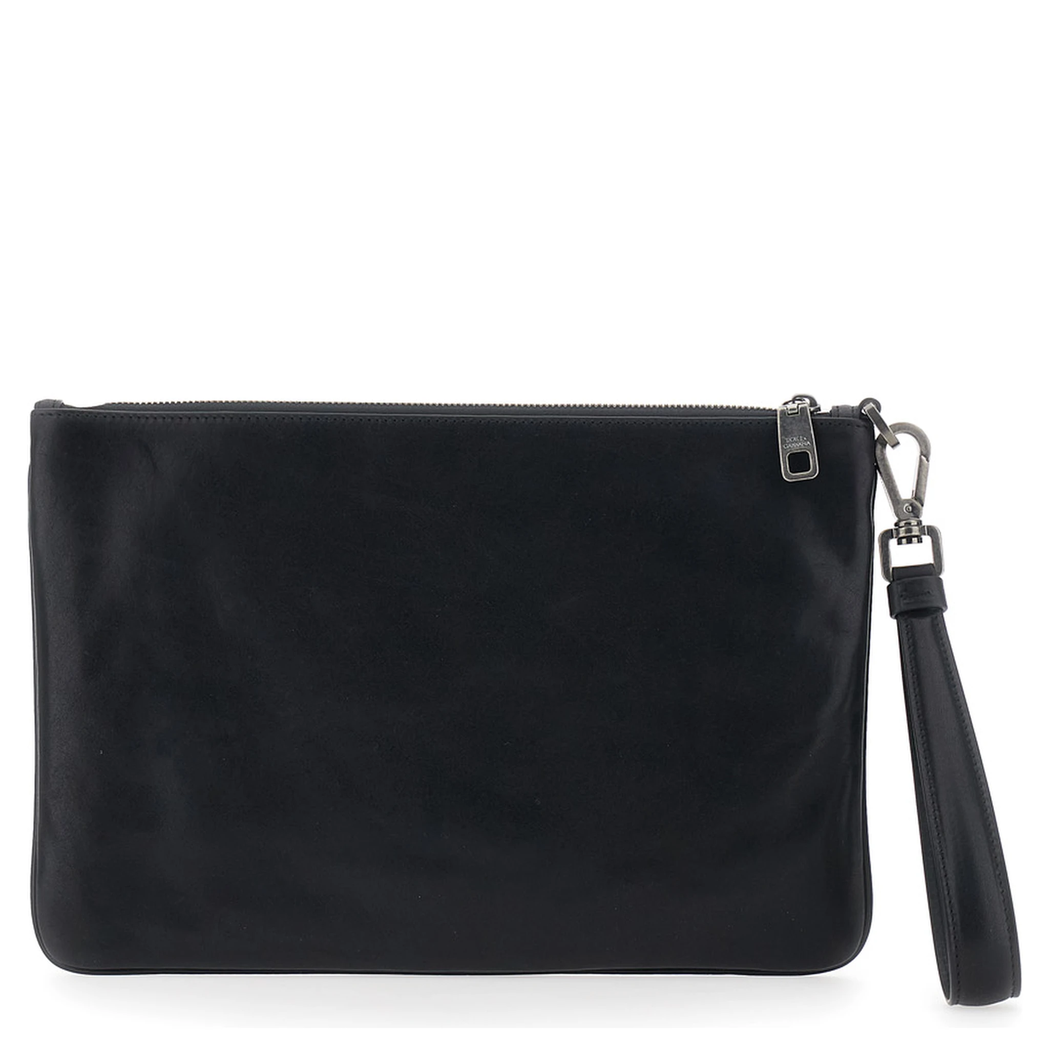 Black Clutch with Wrist Strap and Logo Plaque on the Front in Leather Man