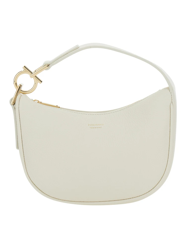 White Handbag with Top Handle with Gancini and Embossed Logo Lettering on the Front in Grained Leather Woman