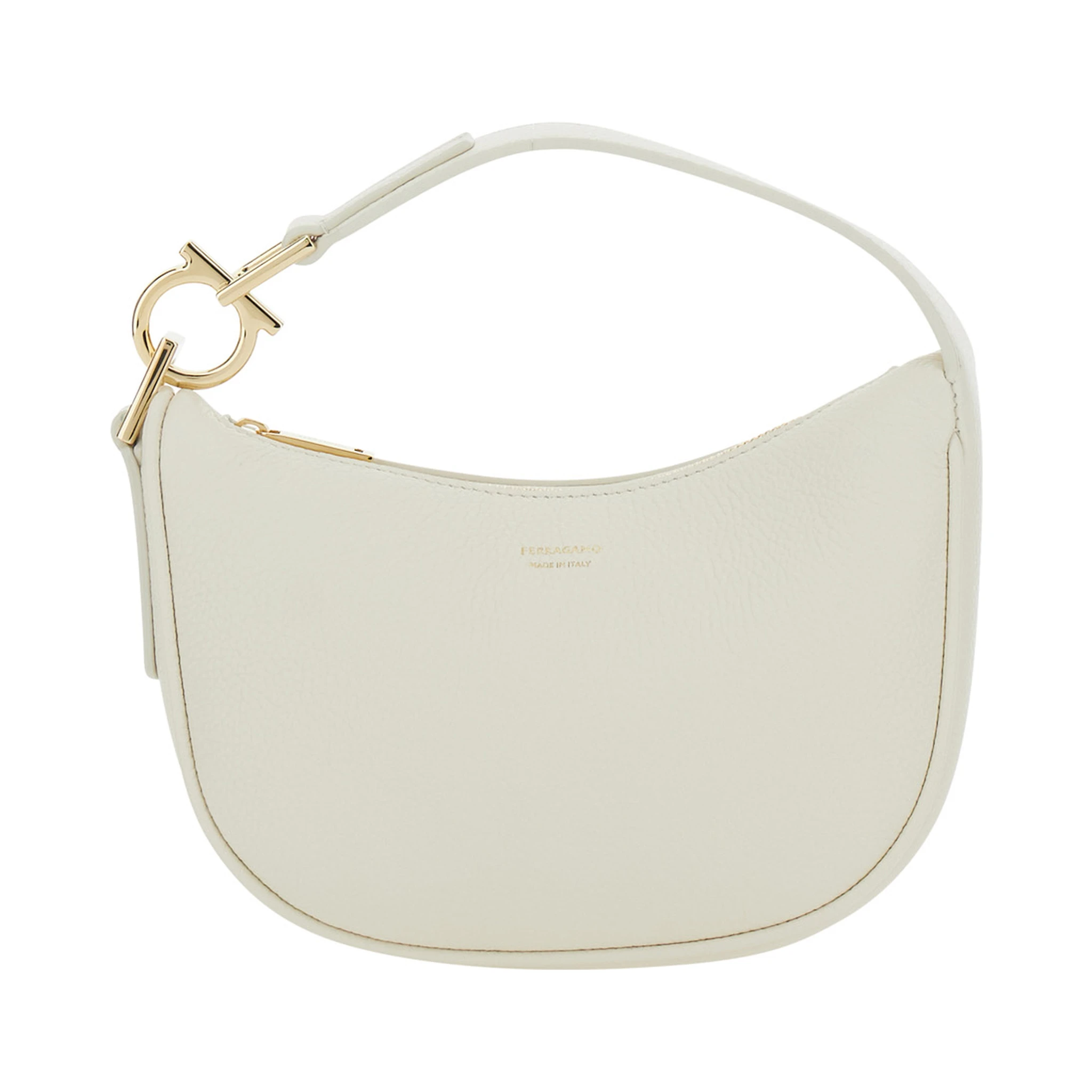 White Handbag with Top Handle with Gancini and Embossed Logo Lettering on the Front in Grained Leather Woman