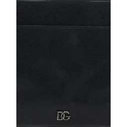 Black Clutch with Wrist Strap and Logo Plaque on the Front in Leather Man