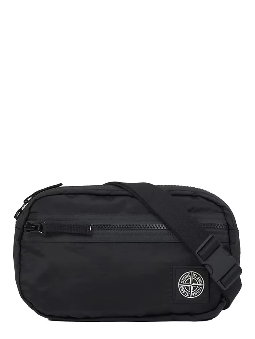 Black Waist Pack with Adjustable Shoulder Strap and Logo Patch on the Front in Tech Fabric Man