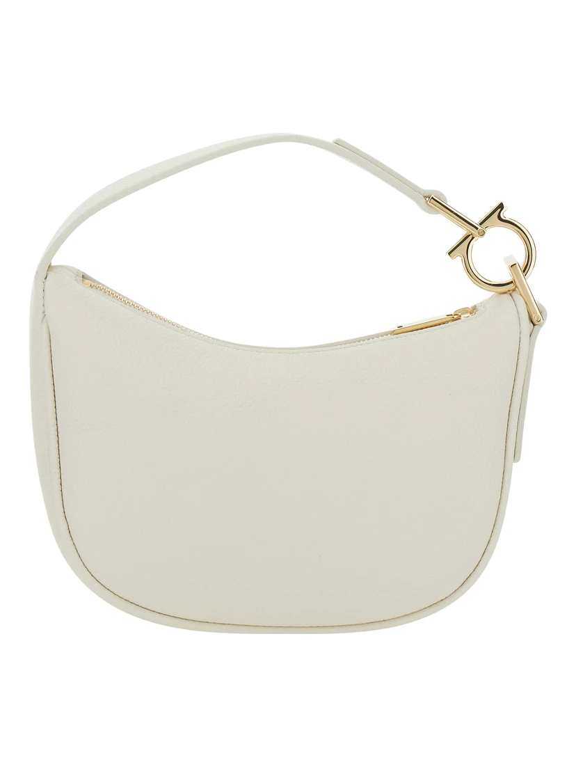 White Handbag with Top Handle with Gancini and Embossed Logo Lettering on the Front in Grained Leather Woman