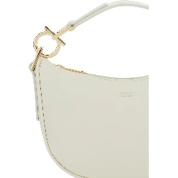 White Handbag with Top Handle with Gancini and Embossed Logo Lettering on the Front in Grained Leather Woman