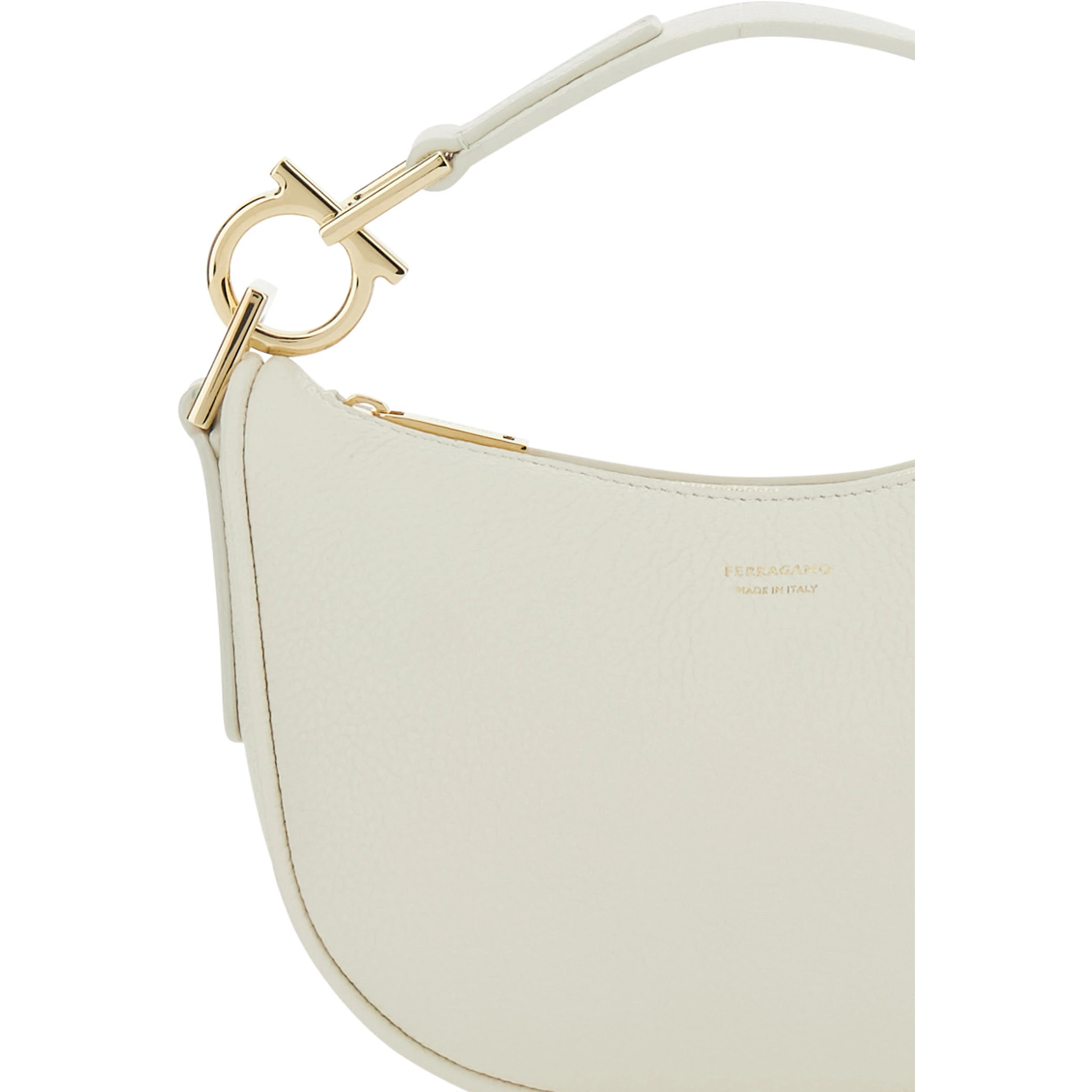 White Handbag with Top Handle with Gancini and Embossed Logo Lettering on the Front in Grained Leather Woman
