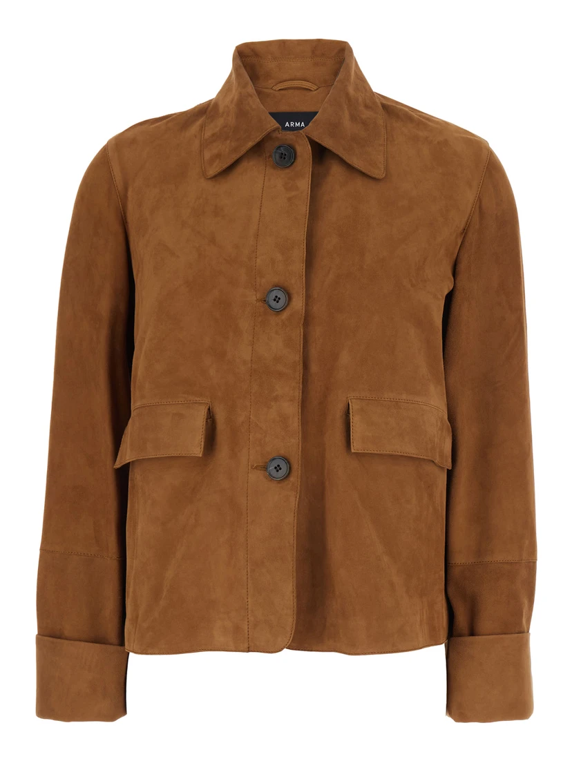 Ella Brown Jacket with Wide Collar and Front Patch Pockets in Suede Woman