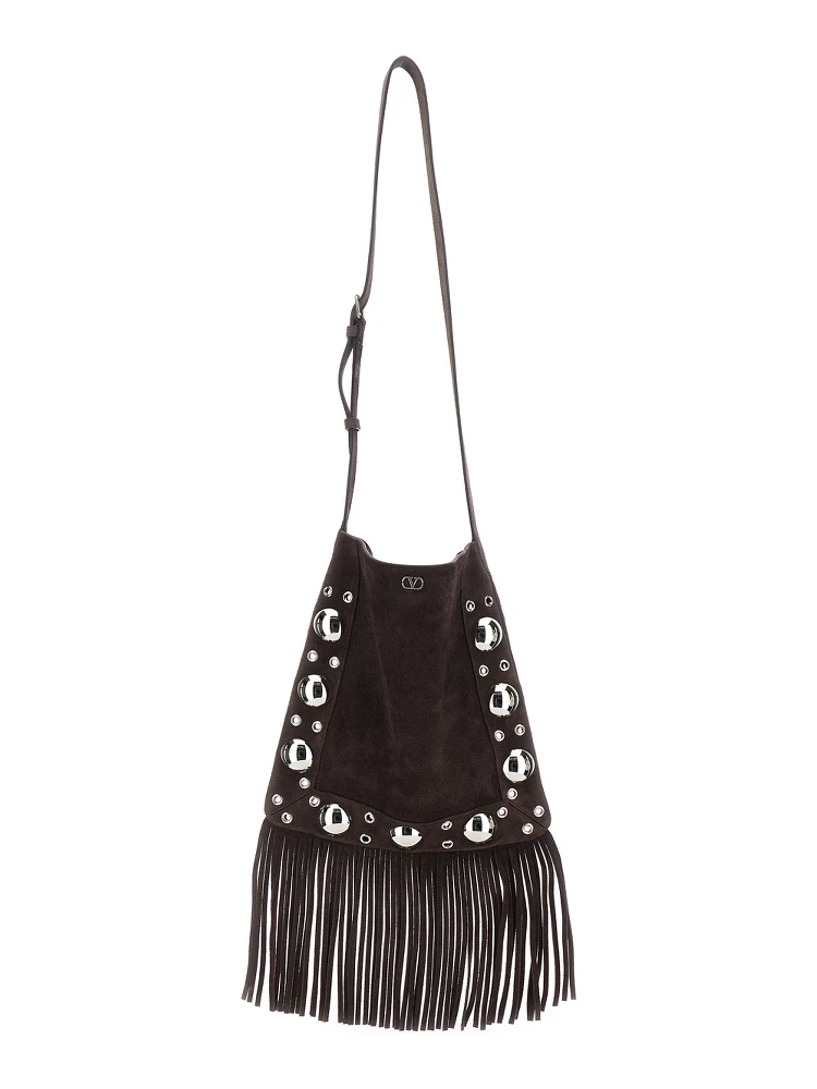 Nellcote Brown Shoulder Bag with Adjustable Shoulder Strap and Stud Embellishments in Suede Man