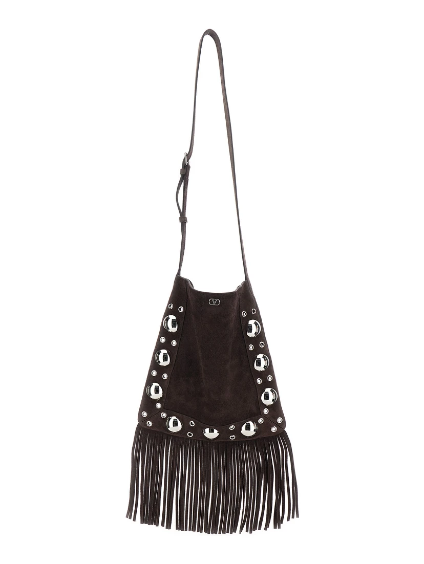 Nellcote Brown Shoulder Bag with Adjustable Shoulder Strap and Stud Embellishments in Suede Man