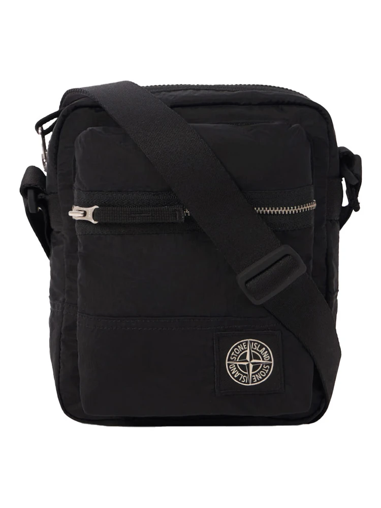 Black Crossbody Bag with Adjustable Shoulder Strap and Logo Patch on the Front in Tech Fabric Man