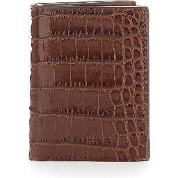 Brown Folded Card Holder with Embossed Crocodile Effect in Leather Man