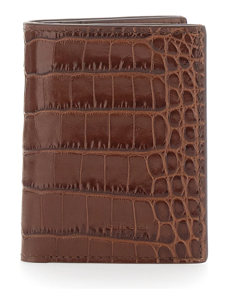 Brown Folded Card Holder with Embossed Crocodile Effect in Leather Man