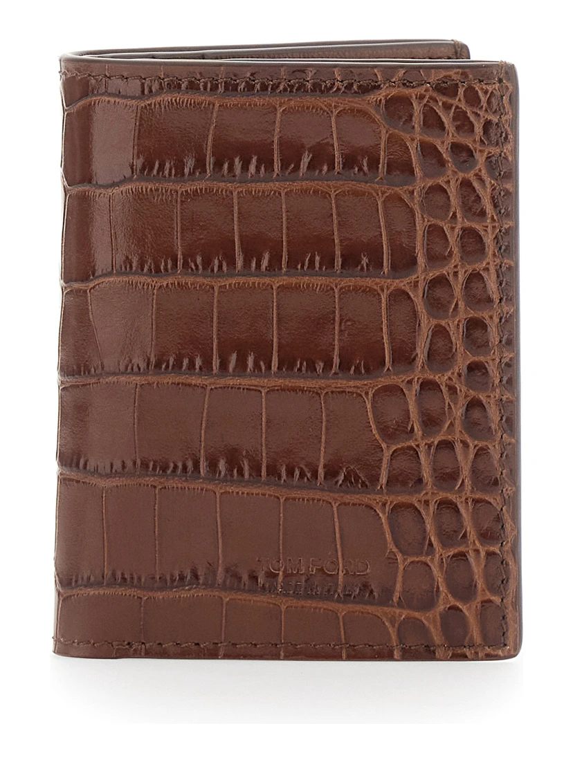 Brown Folded Card Holder with Embossed Crocodile Effect in Leather Man
