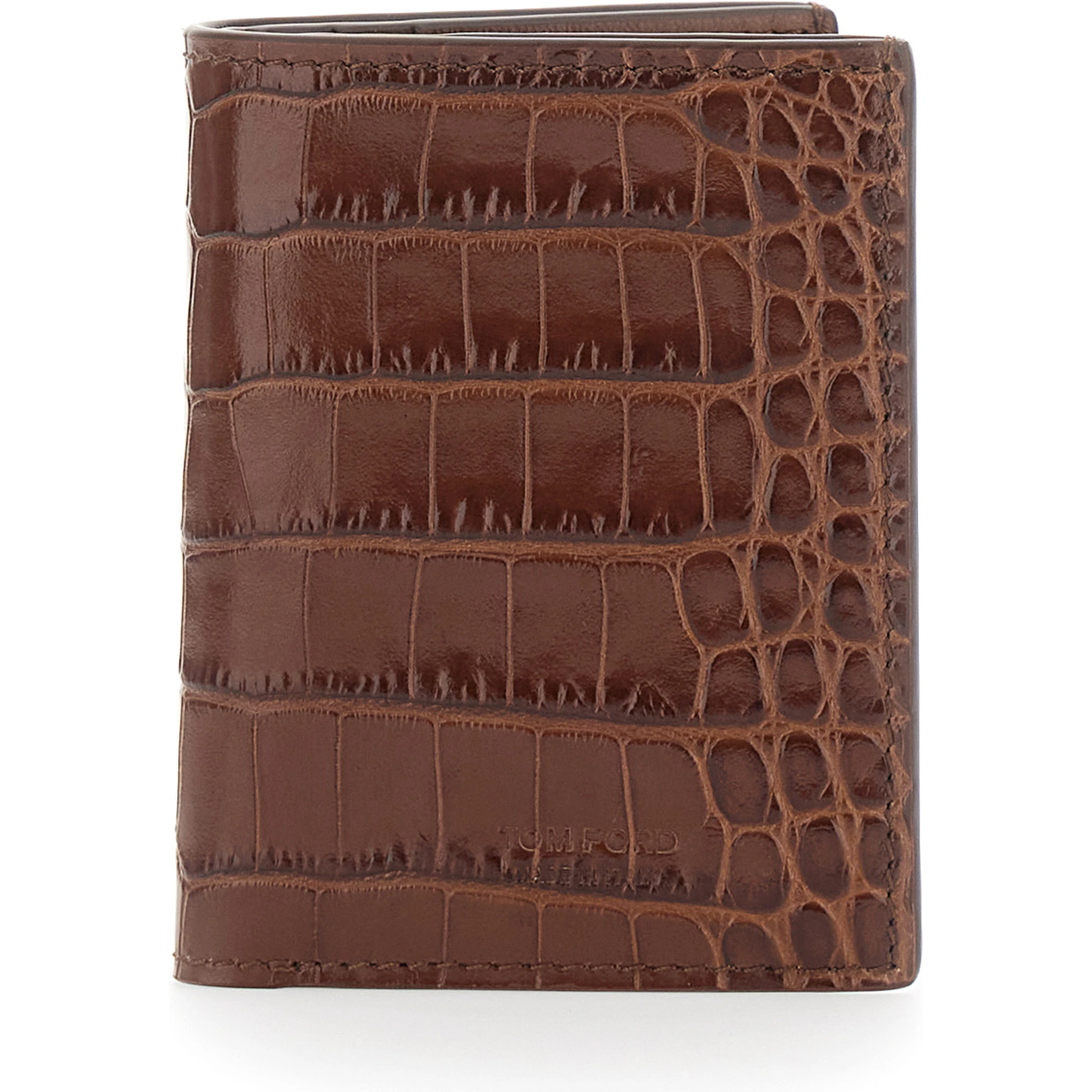 Brown Folded Card Holder with Embossed Crocodile Effect in Leather Man