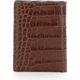 Brown Folded Card Holder with Embossed Crocodile Effect in Leather Man