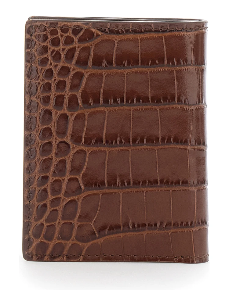 Brown Folded Card Holder with Embossed Crocodile Effect in Leather Man alternative