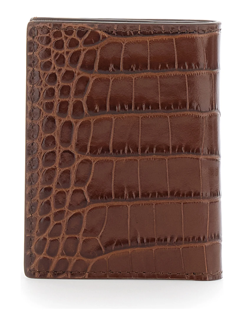 Brown Folded Card Holder with Embossed Crocodile Effect in Leather Man