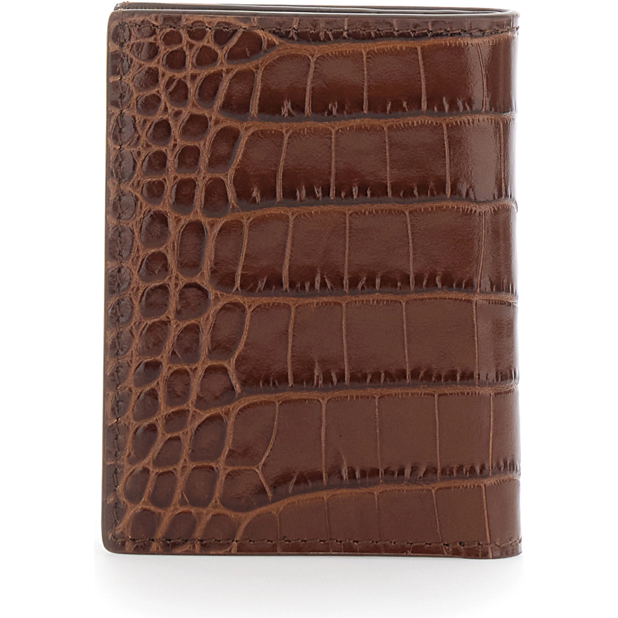 Brown Folded Card Holder with Embossed Crocodile Effect in Leather Man