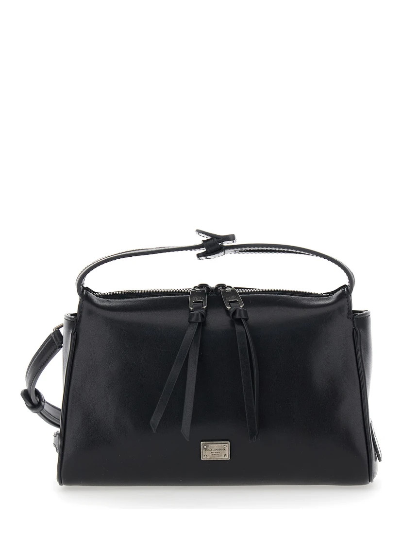 Vittoria Black Mini Shoulder Bag with Adjustable and Removable Shoulder Strap and Logo Plaque on the Front in Leather Man