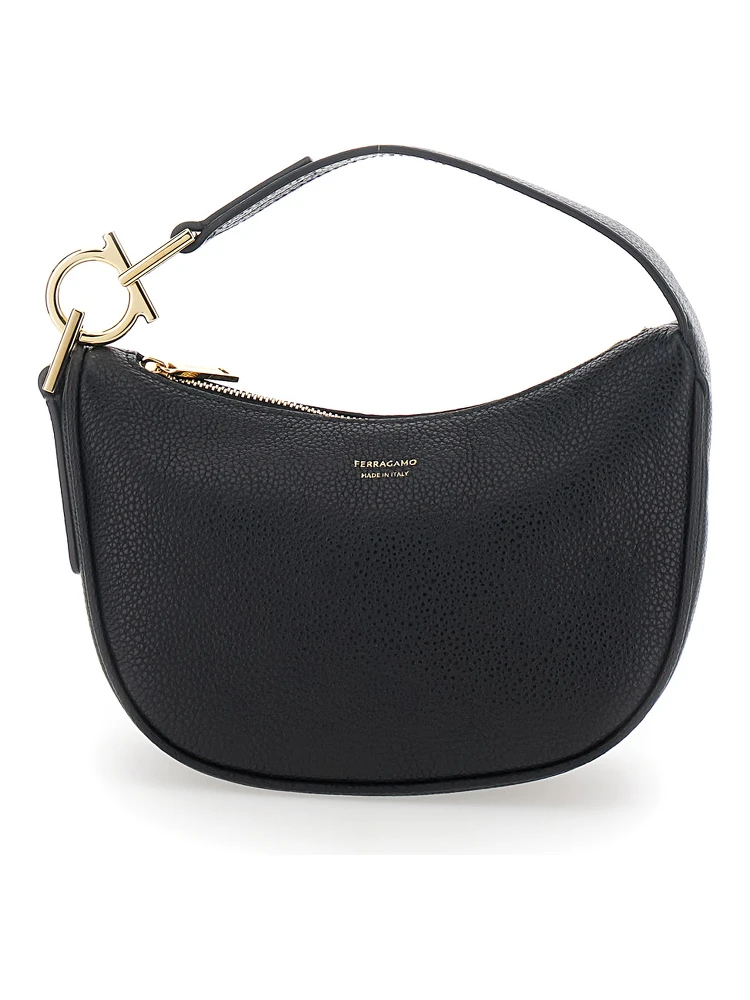 Black Handbag with Top Handle with Gancini and Embossed Logo Lettering on the Front in Grained Leather Woman