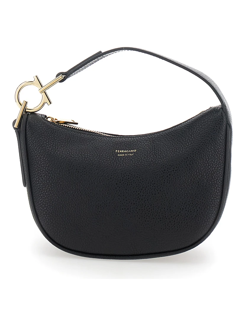 Black Handbag with Top Handle with Gancini and Embossed Logo Lettering on the Front in Grained Leather Woman