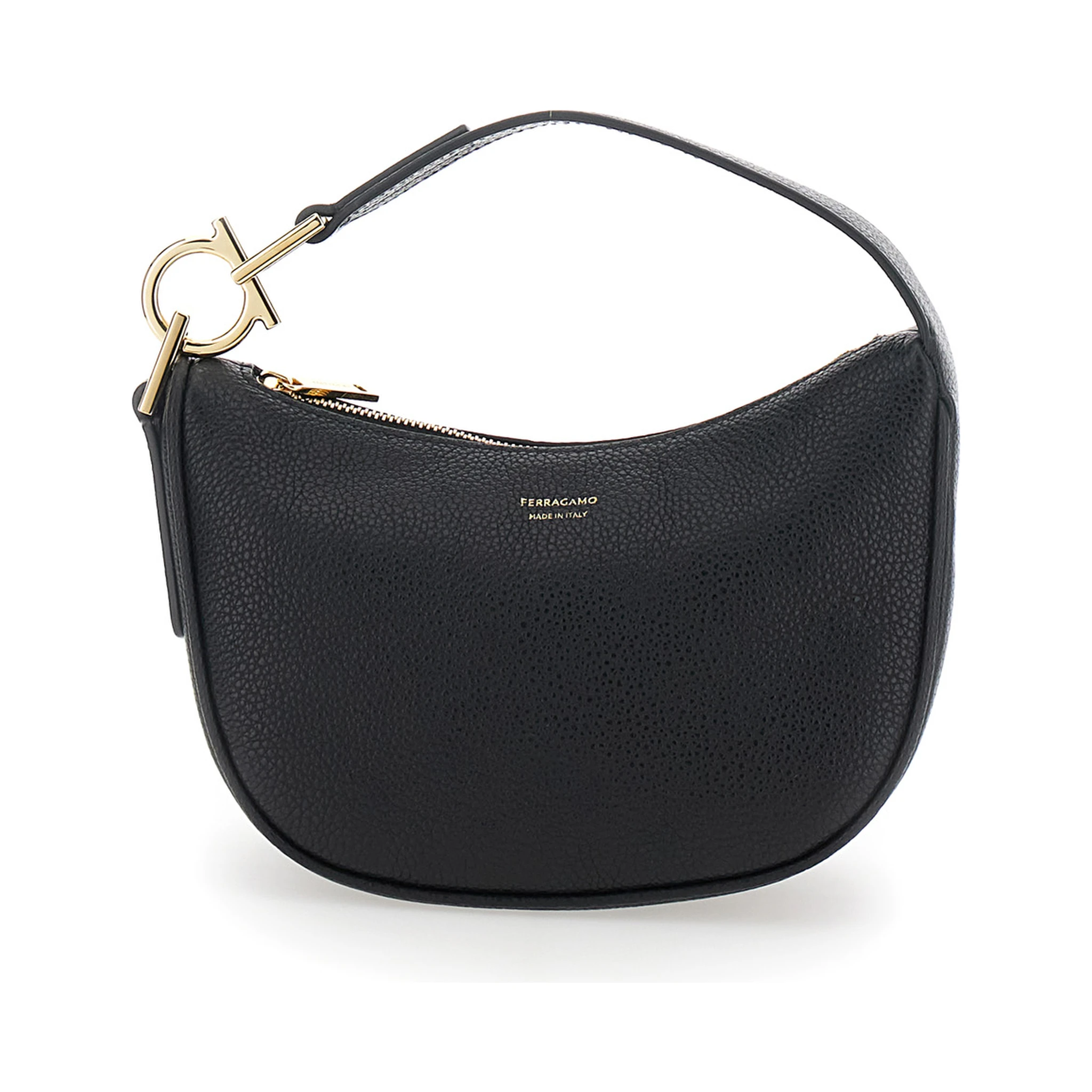 Black Handbag with Top Handle with Gancini and Embossed Logo Lettering on the Front in Grained Leather Woman