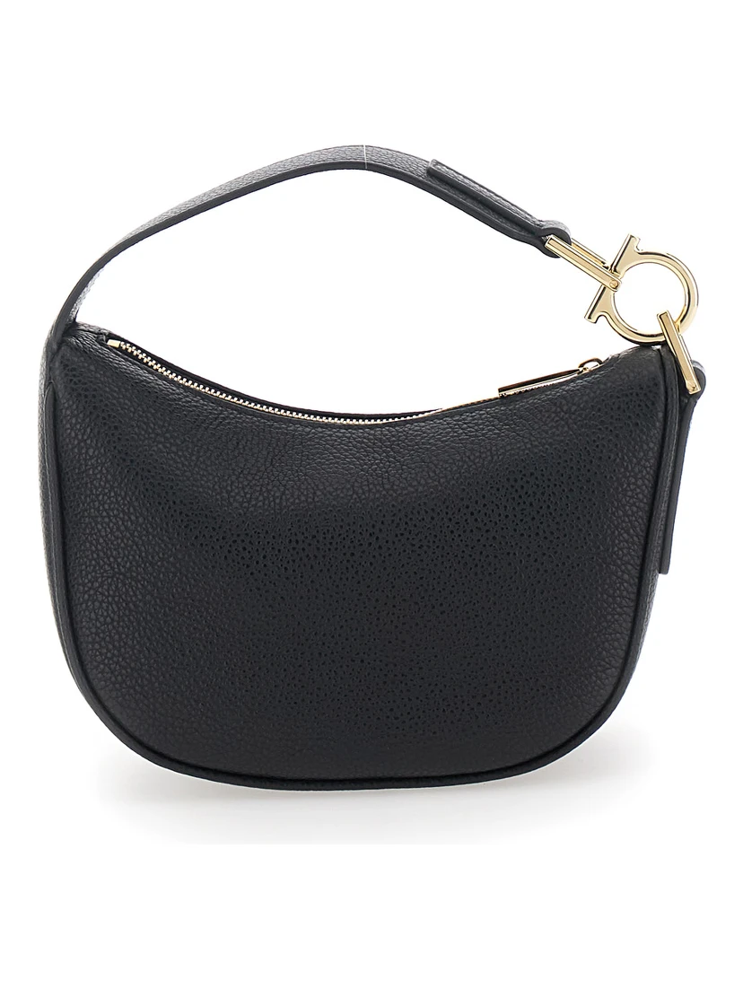 Black Handbag with Top Handle with Gancini and Embossed Logo Lettering on the Front in Grained Leather Woman