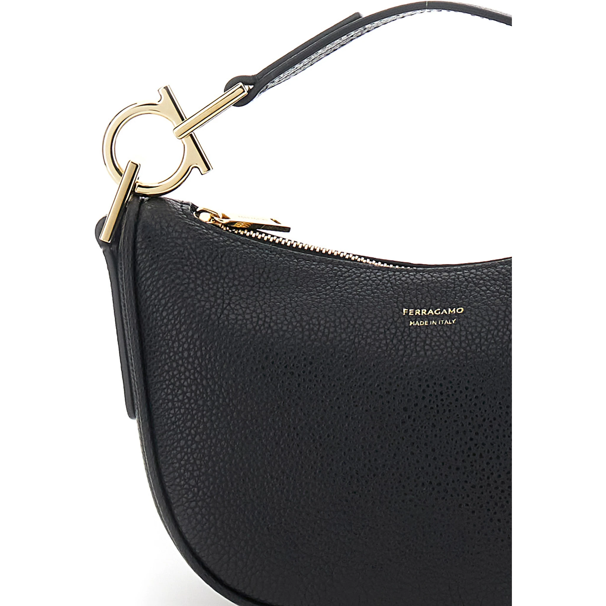 Black Handbag with Top Handle with Gancini and Embossed Logo Lettering on the Front in Grained Leather Woman