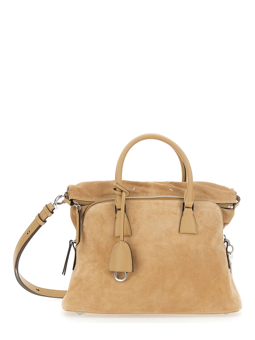 5AC Soft Beige Crossbody Bag with Adjustable and Removable Shoulder Strap and Key Charm in Leather Woman