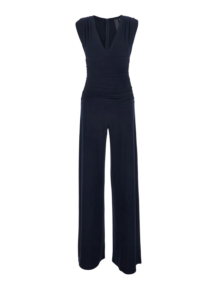 SLEEVELESS V NECK SHIRRED WAIST JUMPSUIT