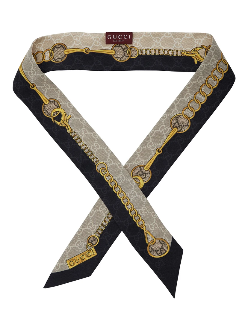 Multicolor Square Scarf with Horsebit Print in Silk Woman