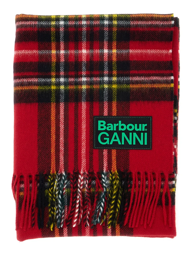 Red Scarf with Check Motif and Double Logo in Wool Woman