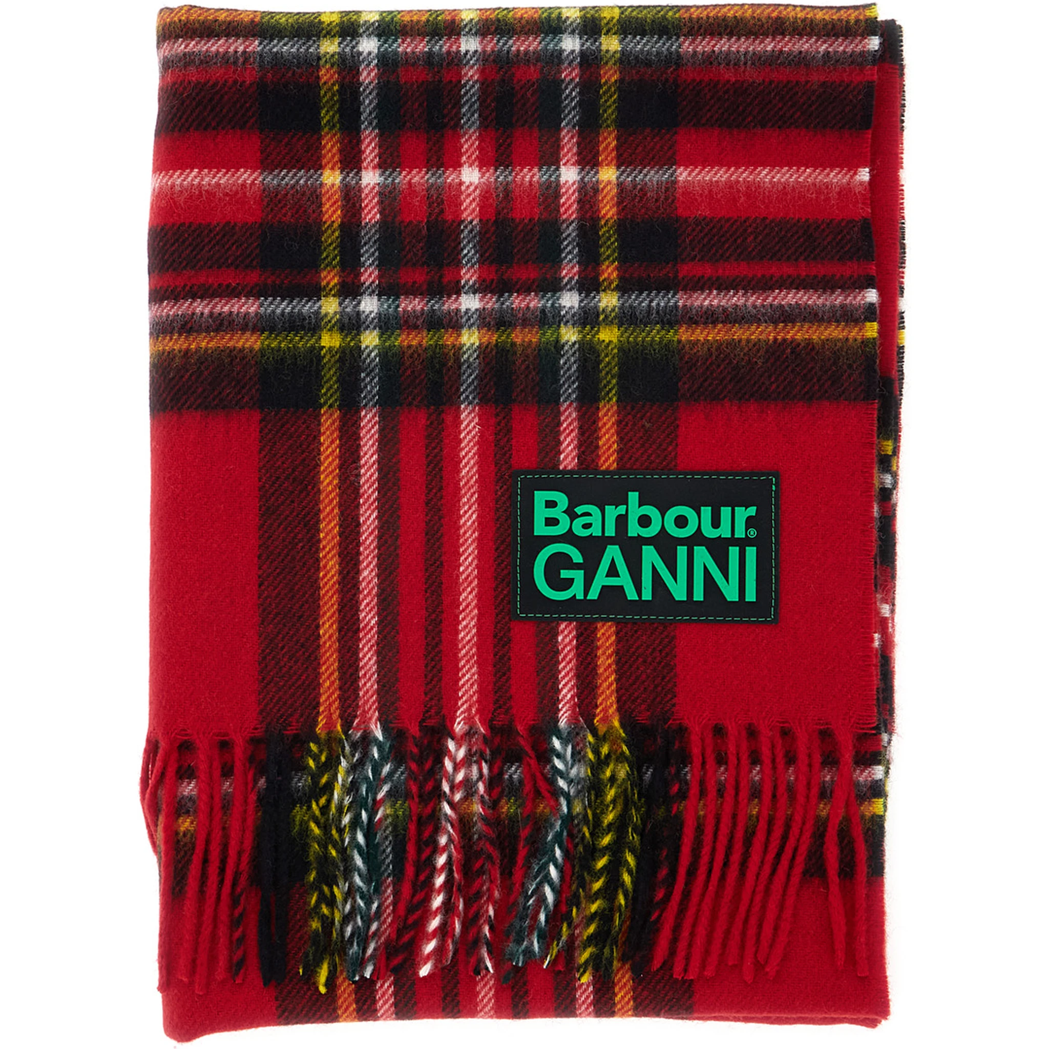 Red Scarf with Check Motif and Double Logo in Wool Woman