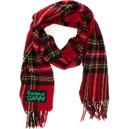 Red Scarf with Check Motif and Double Logo in Wool Woman