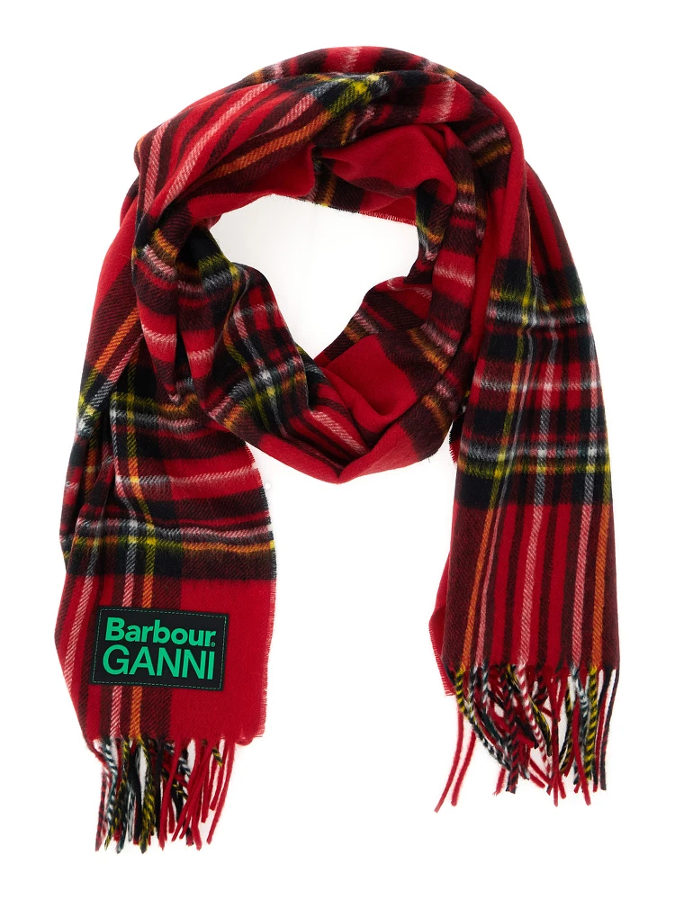 Red Scarf with Check Motif and Double Logo in Wool Woman alternative