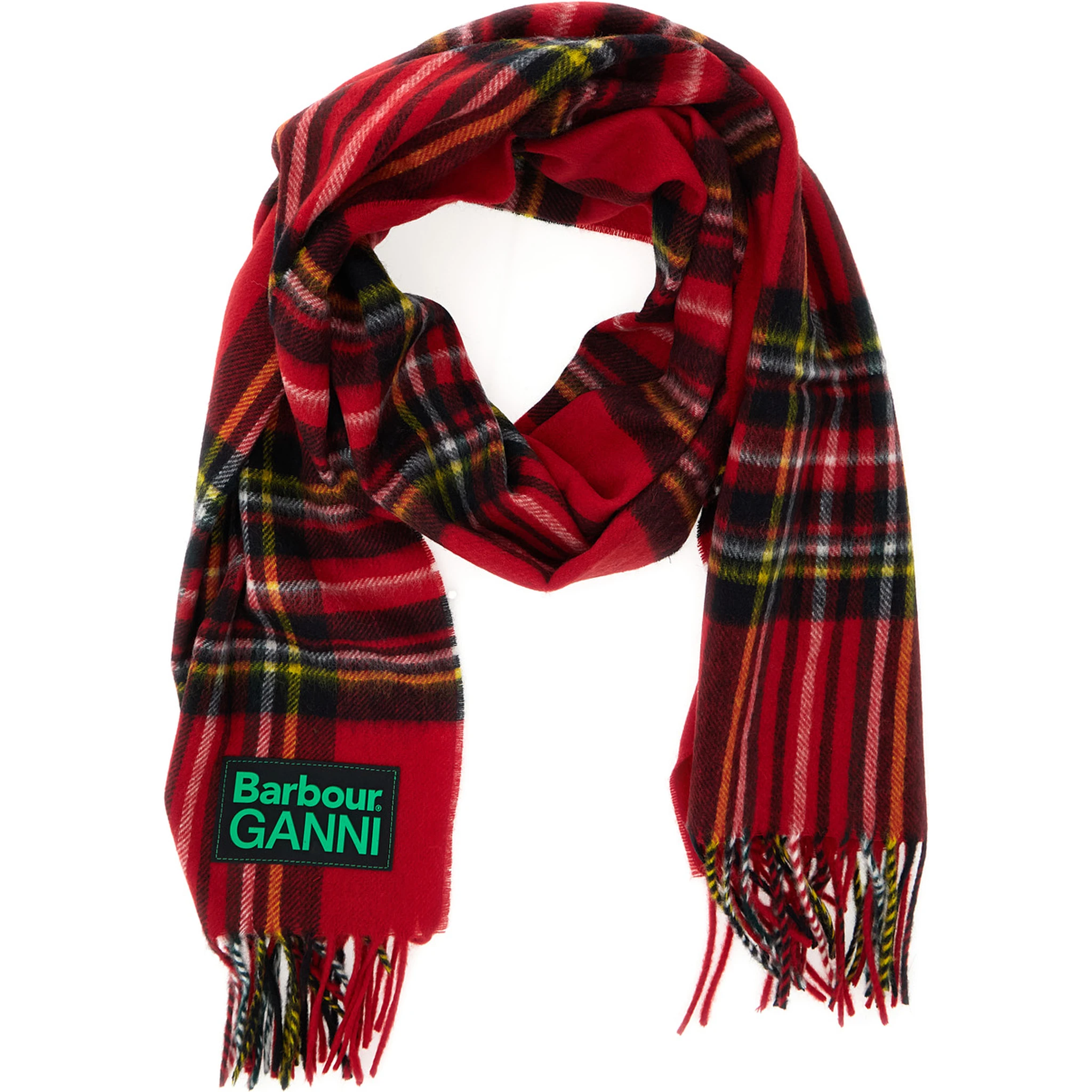 Red Scarf with Check Motif and Double Logo in Wool Woman
