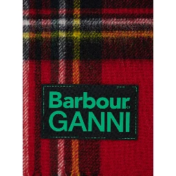 Red Scarf with Check Motif and Double Logo in Wool Woman