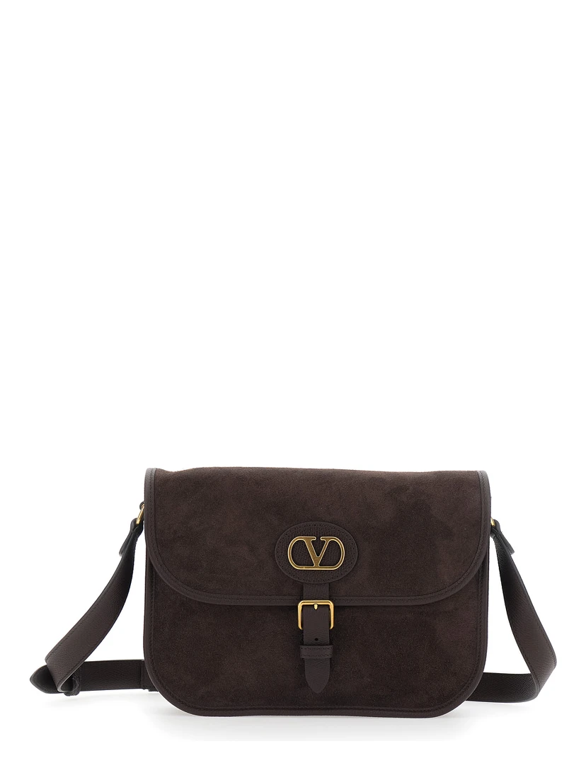 Antibe Brown Crossbody Bag with VLogo Plaque on the Front and Adjustable Shoulder Strap in Suede Man