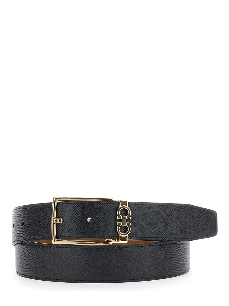Black Reversible Belt with Gancini Buckle Belt in Grained Leather Man