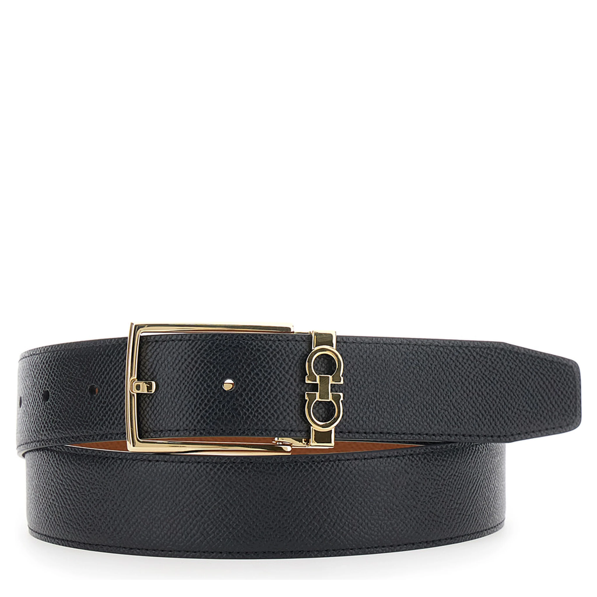 Black Reversible Belt with Gancini Buckle Belt in Grained Leather Man