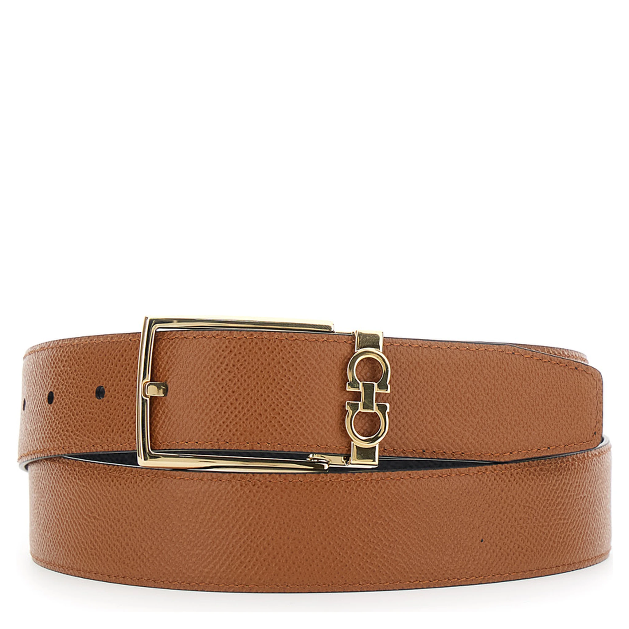Black Reversible Belt with Gancini Buckle Belt in Grained Leather Man