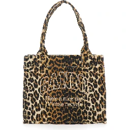 Brown Tote Bag with Graphic Print on the Front and All-Over Leopard Motif in Cotton Woman