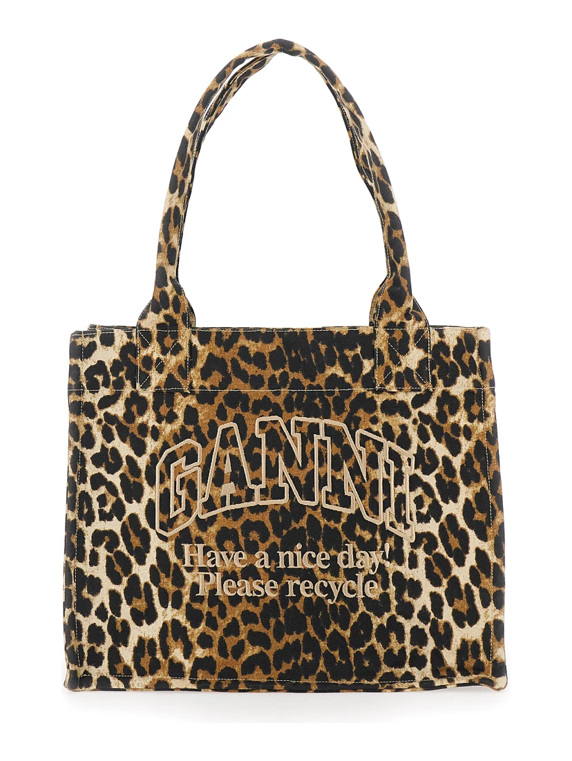 Brown Tote Bag with Graphic Print on the Front and All-Over Leopard Motif in Cotton Woman