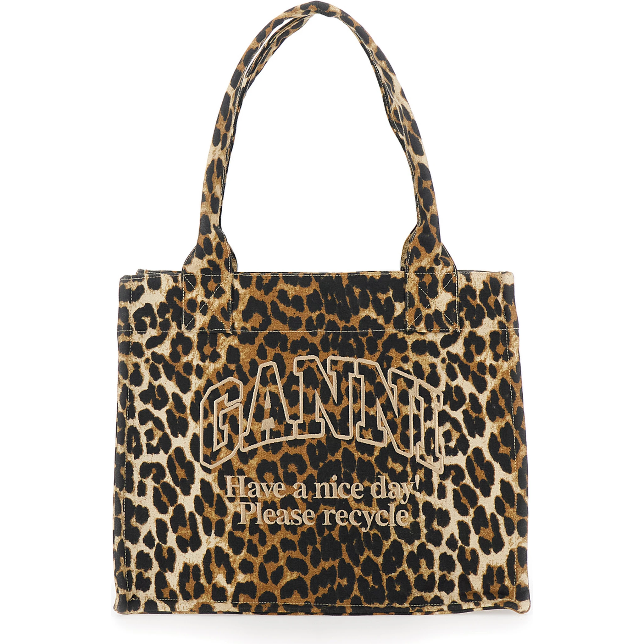 Brown Tote Bag with Graphic Print on the Front and All-Over Leopard Motif in Cotton Woman