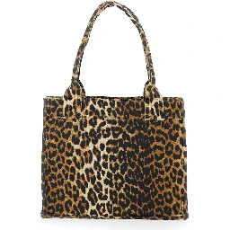 Brown Tote Bag with Graphic Print on the Front and All-Over Leopard Motif in Cotton Woman