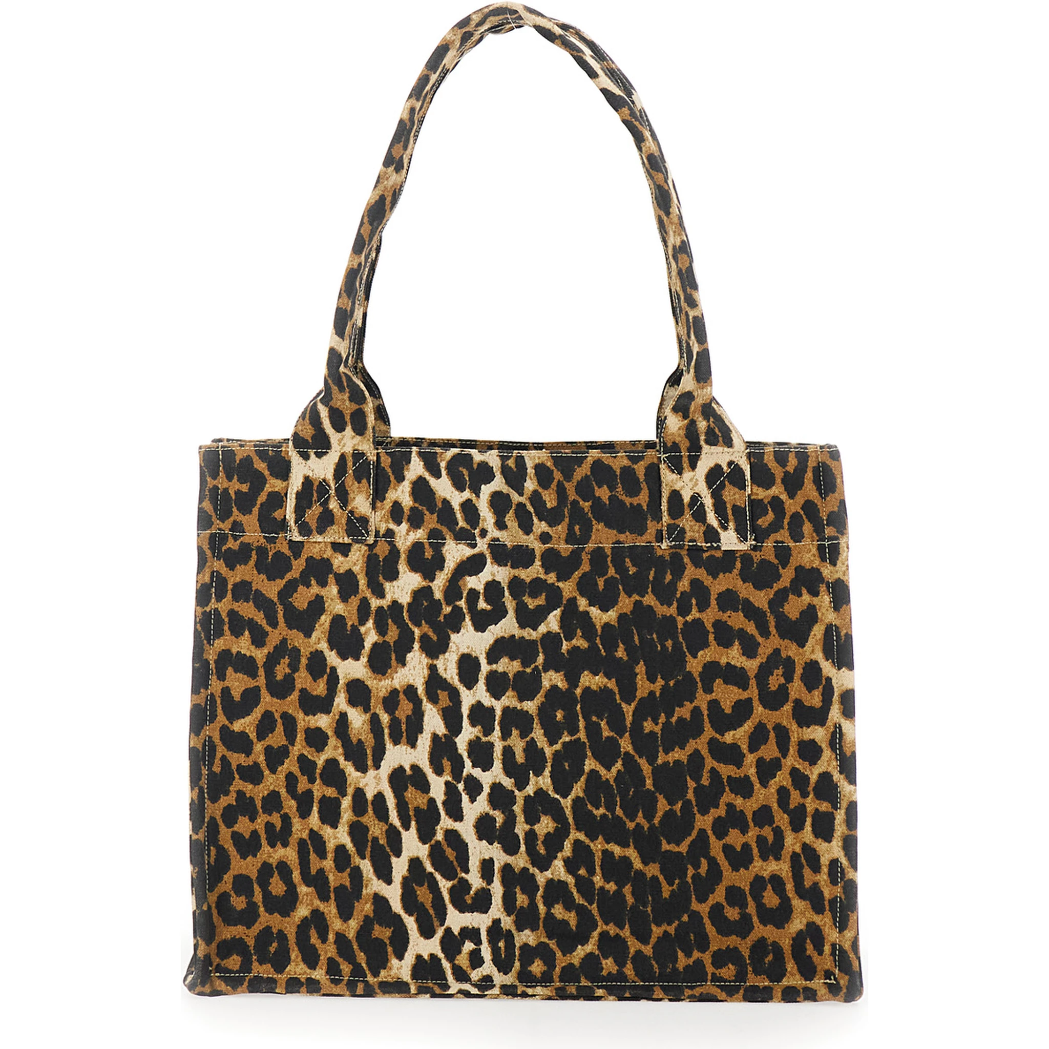 Brown Tote Bag with Graphic Print on the Front and All-Over Leopard Motif in Cotton Woman