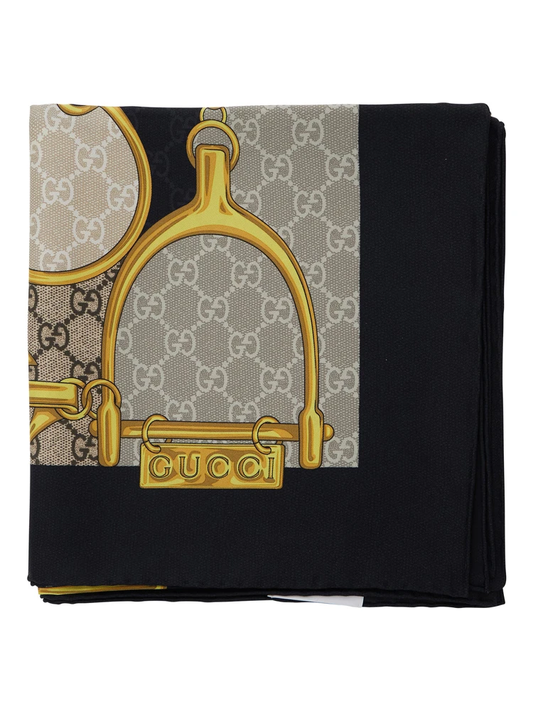 Multicolor Square Scarf with Horsebit Print in Silk Woman