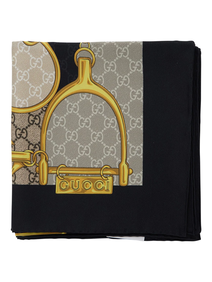 Multicolor Square Scarf with Horsebit Print in Silk Woman