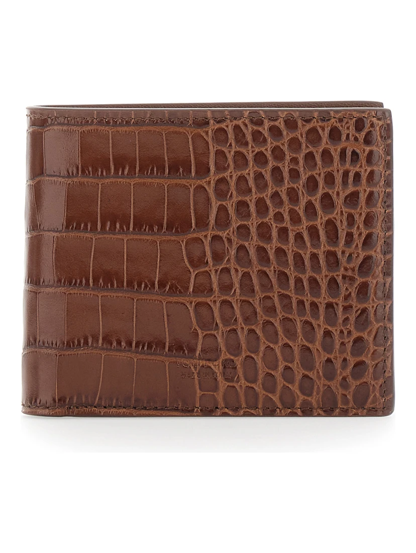 Brown Bi-Fold Wallet with Embossed Crocodile Effect in Leather Man