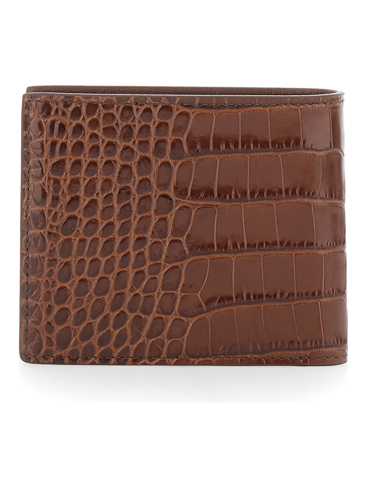 Brown Bi-Fold Wallet with Embossed Crocodile Effect in Leather Man alternative